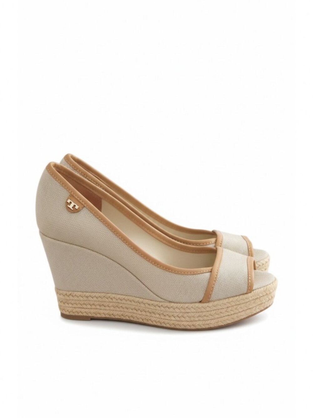 Tory Burch Canvas & Leather Peep-Toe Espadrille Wedge Heels - Size 7.5 (37.5)